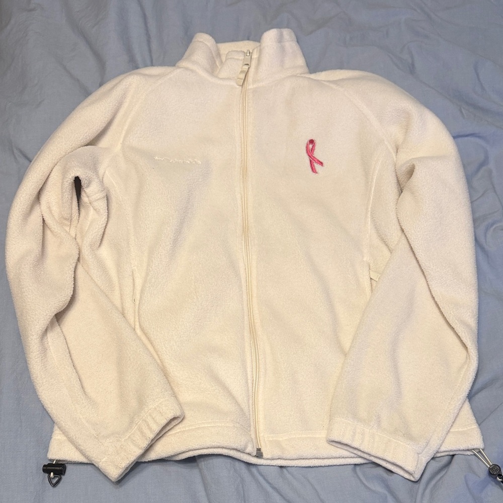 Vintage Columbia Cream Fleece Jacket with Pink Ribbon